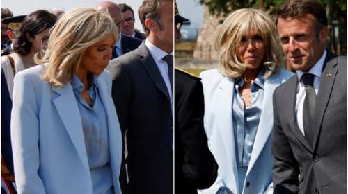 Η επιτομή της κομψότητας με baby blue: Η Μπριζίτ Μακρόν φόρεσε ιδανικά το κοστούμι της με πρωινές Louis Vuitton γόβες