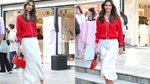 Ηλιάνα Παπαγεωργίου: Η υπέροχη λευκή maxi σατέν φούστα που συνδύασε με κόκκινες γόβες [Εικόνες]