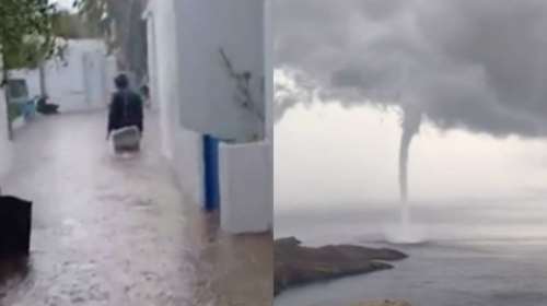 Εντυπωσιακός υδροστρόβιλος στη Μύκονο: Κακοκαιρία και πλημμύρες στα Ματογιάννια [βίντεο]