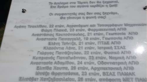 "Το έγκλημα στα Τέμπη δεν θα ξεχαστεί": Το συγκινητικό μνημείο στο ΑΠΘ με τα ονόματα των νεκρών φοιτητών [εικόνες]