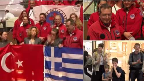&quot;Ευχαριστώ&quot;: Χειροκροτήματα, αγκαλιές και ελληνική σημαία σε τελετή του τουρκικού ΥΠΕΞ για τους εθελοντές διασώστες μας