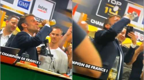 O Μακρόν πίνει μια ολόκληρη μπύρα... μονοκοπανιά για να γιορτάσει το πρωτάθλημα της Τουλούζ - Βολές ότι αντιγράφει τον Σιράκ