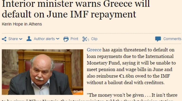 Πρωτοσέλιδο στους FT η απειλή Βούτση για το χρέος