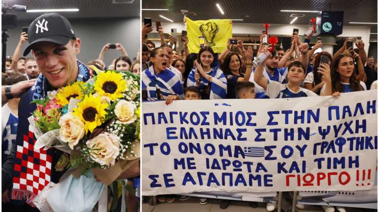 Γιώργος Κουγιουμτσίδης: Αποθεωτική υποδοχή στο αεροδρόμιο Μακεδονία για τον παγκόσμιο πρωταθλητή ελευθέρας πάλης