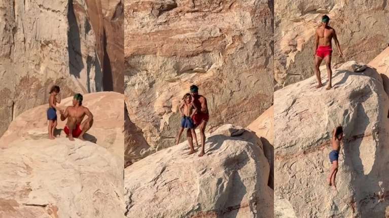 Influencer έριξε τον τρομαγμένο γιο του από ψηλό βράχο σε λίμνη: &quot;Το αετόπουλο πρέπει να πετάει από τη φωλιά&quot; [βίντεο]