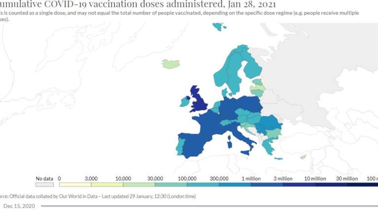 Κορονοϊός: Πόσοι εμβολιασμοί έχουν γίνει στην Ευρώπη - Η θέση της Ελλάδας [Διαδραστικός χάρτης]