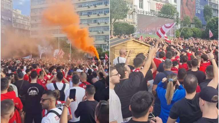 Τελικός Conference League: &quot;Βουλιάζει&quot; ο Πειραιάς από χιλιάδες ερυθρόλευκους οπαδούς μπροστά σε γιγαντοοθόνες