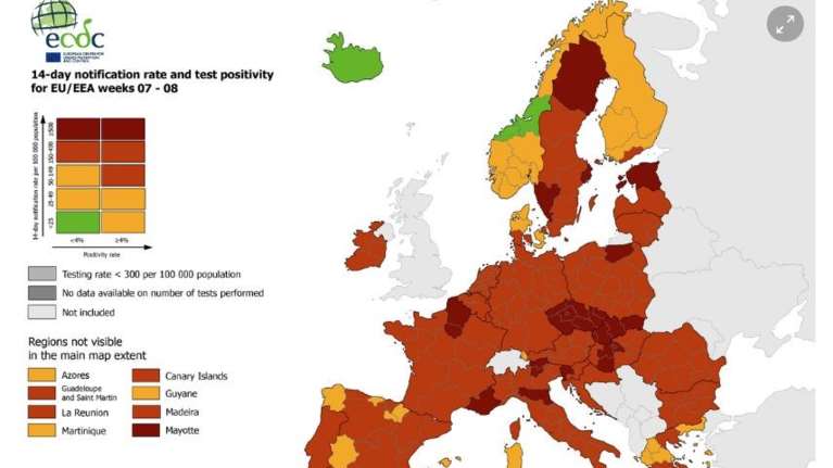Χάρτης ECDC: Στο &quot;κόκκινο&quot; η μισή Ελλάδα - Τι δείχνουν τα στοιχεία για τεστ, κρούσματα, θετικότητα