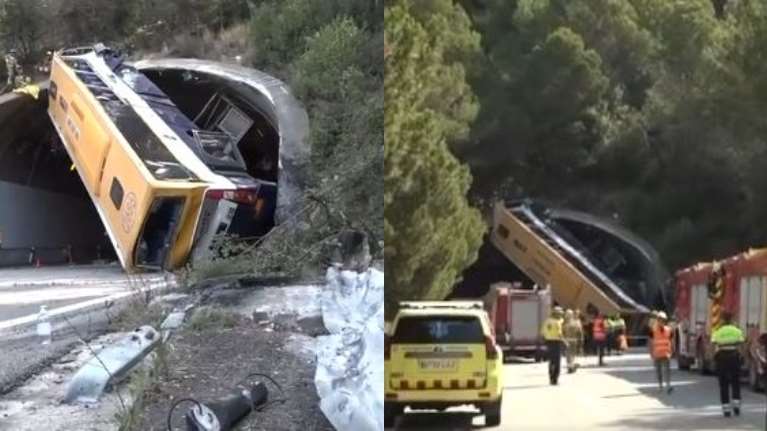 Αδιανόητο τροχαίο στην Ισπανία: Λεωφορείο σφήνωσε κάθετα στην είσοδο σήραγγας- 22 σε σοβαρή κατάσταση και 3 σε κρίσιμη