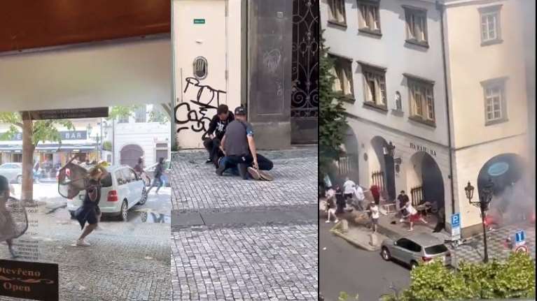 Σκηνές χάους στην Πράγα: Αγριο ξύλο και καρεκλιές μεταξύ οπαδών λίγο πριν τον τελικό του Conference League [βίντεο]