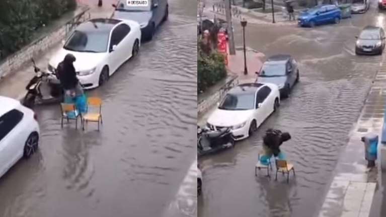 Κακοκαιρία: Η &quot;πατέντα&quot; μαθητή στο Μοσχάτο για να περάσει τον πλημμυρισμένο δρόμο [βίντεο]