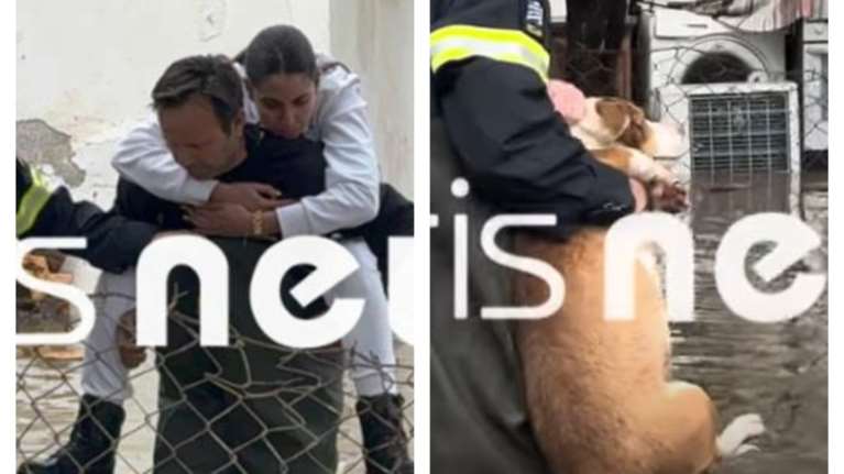 Πύργος: Η πυροσβεστική απεγκλώβισε οικογένεια  και το σκυλάκι τους από πλημμυρισμένο σπίτι [βίντεο]