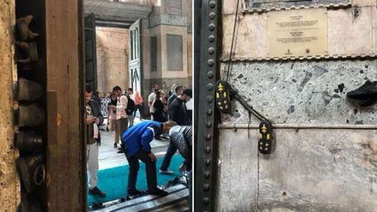 Αγία Σοφία: Εικόνες ντροπής - &quot;Κρεμούν&quot; τα παπούτσια τους στους τοίχους του ναού [Βίντεο]