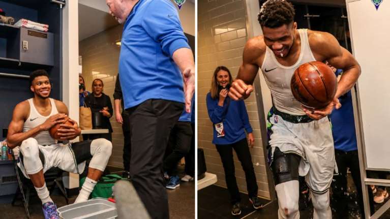 Με &quot;ice bucket&quot; γιόρτασε  ο Αντετοκούνμπο το ρεκόρ στα αποδυτήρια - Ξεπέρασε σε πόντους τον Τζαμπάρ [Βίντεο]