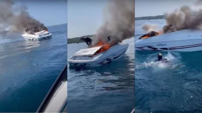 ΗΠΑ: Ζευγάρι πηδάει την τελευταία στιγμή στο νερό για να γλιτώσει από το φλεγόμενο σκάφος [Βίντεο]