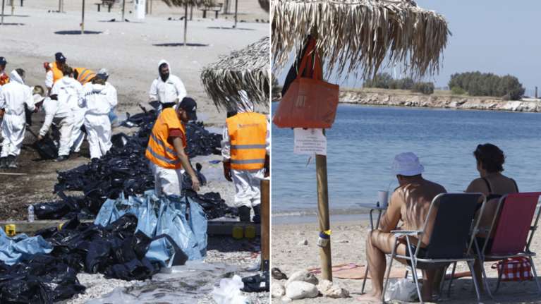 Με φτυάρια μαζεύουν το μαζούτ - μακάριοι οι λουόμενοι