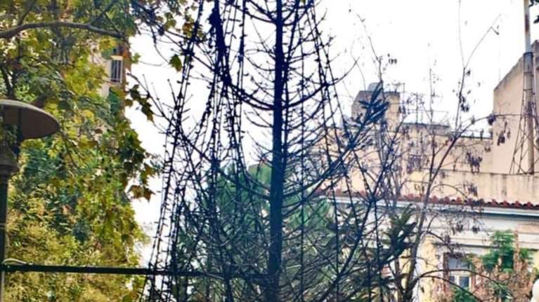 Εξάρχεια: Δεν έζησε πολύ το Χριστουγεννιάτικο δέντρο - Το έκαψαν [εικόνες]
