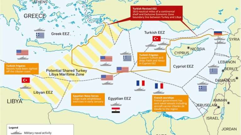 O χάρτης διεκδικήσεων &amp; πολεμικών πλοίων στην  Ανατ. Μεσόγειο