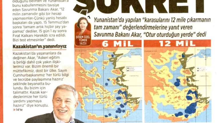 Πρωτοσέλιδο στη Milliyet ο τουρκικός χάρτης της αμφισβήτησης των ελληνικών νησιών