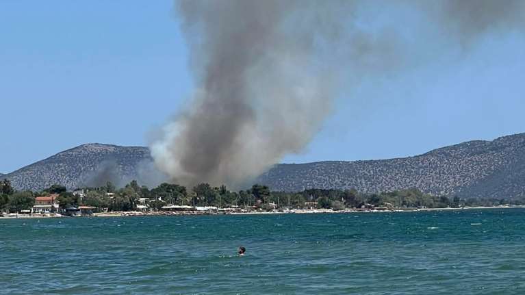 Φωτιά στην παραλία Μαραθώνα: Συναγερμός στην πυροσβεστική - Μήνυμα 112 για εκκένωση, στη μάχη τρία ελικόπτερα