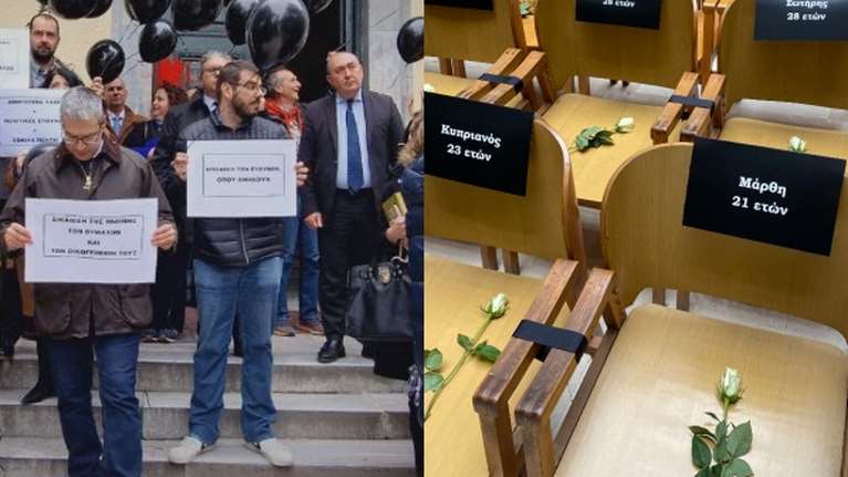 Διαμαρτυρία δικηγόρων για τα Τέμπη: Μαύρα μπαλόνια και μαύρα τριαντάφυλλα σε άδειες καρέκλες [εικόνες - βίντεο]