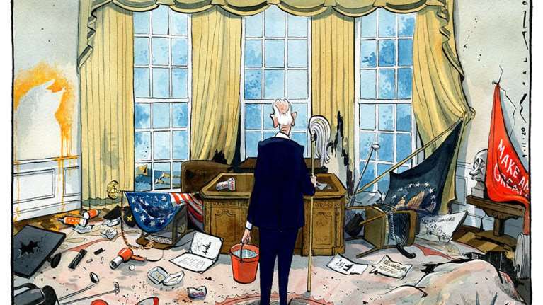 Φεύγει και αφήνει πίσω του συντρίμμια: Το καυστικό σκίτσο των Times για το τι... περιμένει τον Μπάιντεν στον Λευκό Οίκο