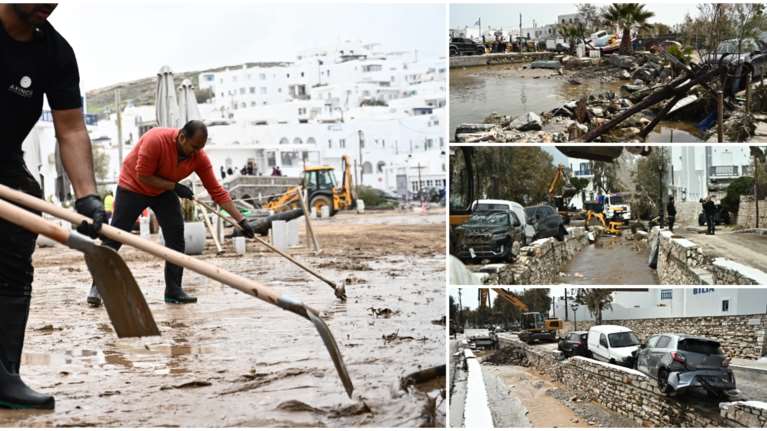 Κακοκαιρία: Λάσπη παντού και αναποδογυρισμένα αυτοκίνητα - Δύσκολη η επόμενη ημέρα στην Πάρο, πλημμύρες σε Μύκονο και Χανιά