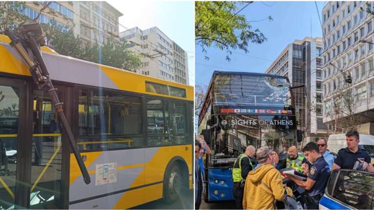 Πανεπιστημίου: Κεραία τρόλεϊ έπεσε σε διώροφο τουριστικό λεωφορείο - Τραυματίστηκαν ελαφρά έξι άτομα