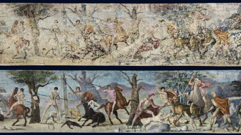 Βεργίνα: Εντυπωσιακές εικόνες της τοιχογραφίας με το κυνήγι στον Τάφο του Φιλίππου Β - Αριστούργημα της κλασικής αρχαιότητας