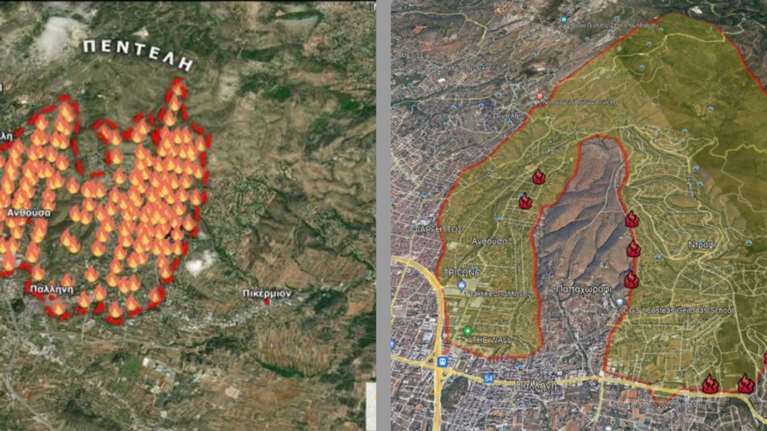 Φωτιά στην Πεντέλη: Οι χάρτες του πύρινου εφιάλτη - Σε Διώνη, Δασαμάρι και Ντράφι οι κύριες μάχες