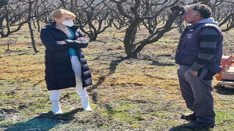 Η Θεοδώρα Τζάκρη με ψηλοτάκουνες λευκές μπότες, στα λασπωμένα χωράφια, ενημερώνεται για τον παγετό [Εικόνες]