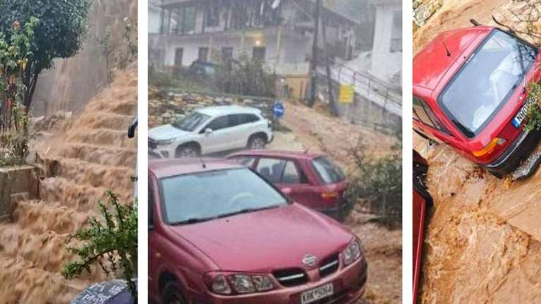 Μεγάλες καταστροφές στη Θάσο από την κακοκαιρία - Εγκλωβίστηκαν δύο γυναίκες, παρασύρθηκαν ΙΧ [εικόνες - βίντεο]