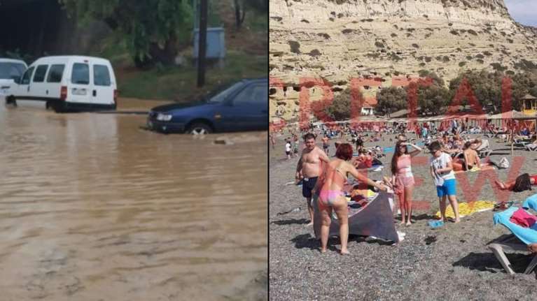 &quot;Τρελή&quot; κακοκαιρία στην Κρήτη: Πλημμύρες στο Ηράκλειο, ηλιοθεραπεία στα Μάταλα