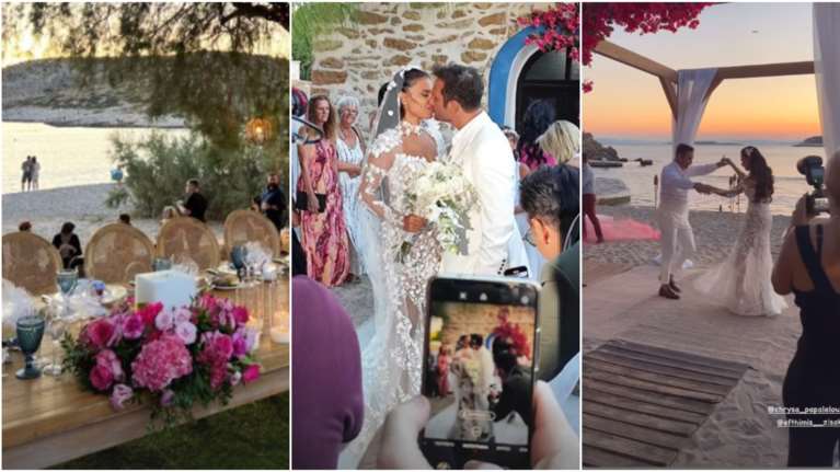 Γάμος Ζησάκη - Παπαλελούδη: Το see through δαντελένιο νυφικό, το μακρύ πέπλο με τα απλικέ λουλούδια και ο στολισμός στα φούξια