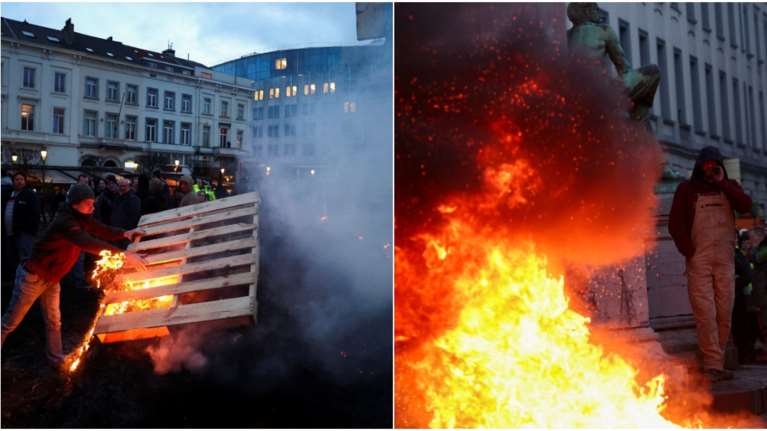 Χίλια τρακτέρ πολιορκούν τη Σύνοδο Κορυφής στις Βρυξέλλες: Οι αγρότες άναψαν φωτιές έξω από το Ευρωκοινοβούλιο [εικόνες-βίντεο]