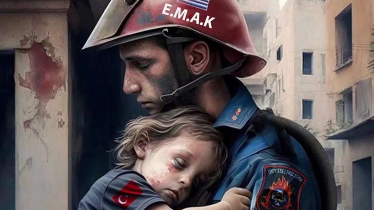 Viral: Η ιστορία πίσω από το σκίτσο με τον άνδρα της ΕΜΑΚ και το κοριτσάκι στα ερείπια της Τουρκίας- Ποιος το έφτιαξε
