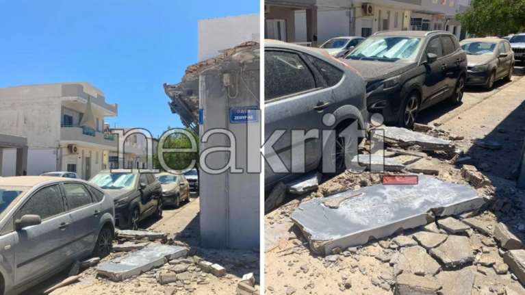 Κρήτη: Κατέρρευσε τμήμα κτιρίου - Σωρός από μπάζα δίπλα σε σταθμευμένα αυτοκίνητα [εικόνες]