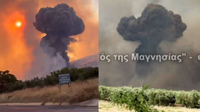 Νέα Αγχίαλος: Συγκλονιστικές εικόνες από τις εκρήξεις με το &quot;μανιτάρι&quot; καπνού - Ταρακουνήθηκε και ο Βόλος [Βίντεο]