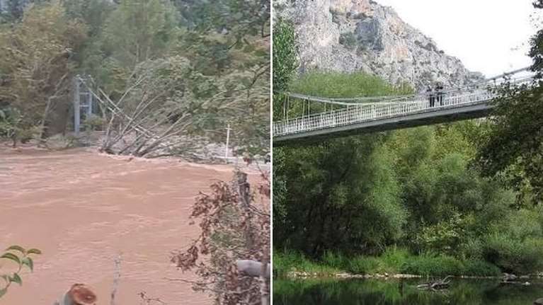 Στα 18 μέτρα το ύψος του νερού στην Κοιλάδα των Τεμπών - Καλύφθηκε η κρεμαστή γέφυρα [εικόνες]