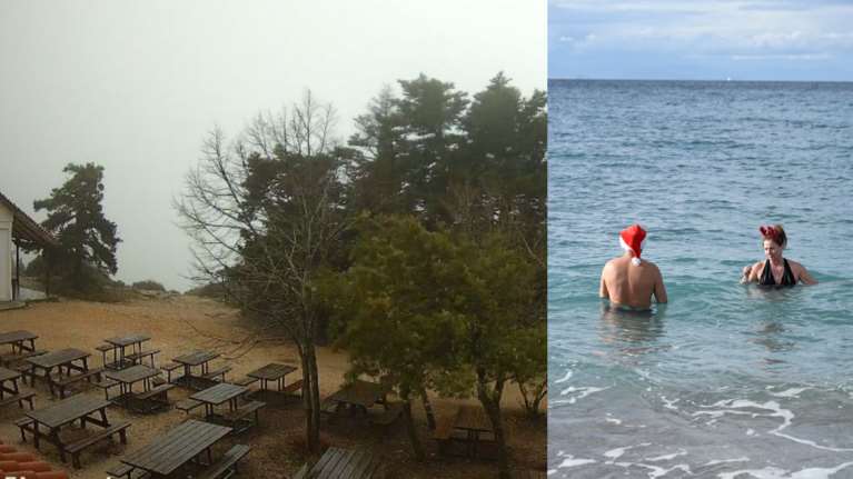 Λευκά Χριστούγεννα: Χιονίζει στην Πάρνηθα, αλλά στα νότια προάστια της Αθήνας πήγαν για μπάνιο [εικόνες]