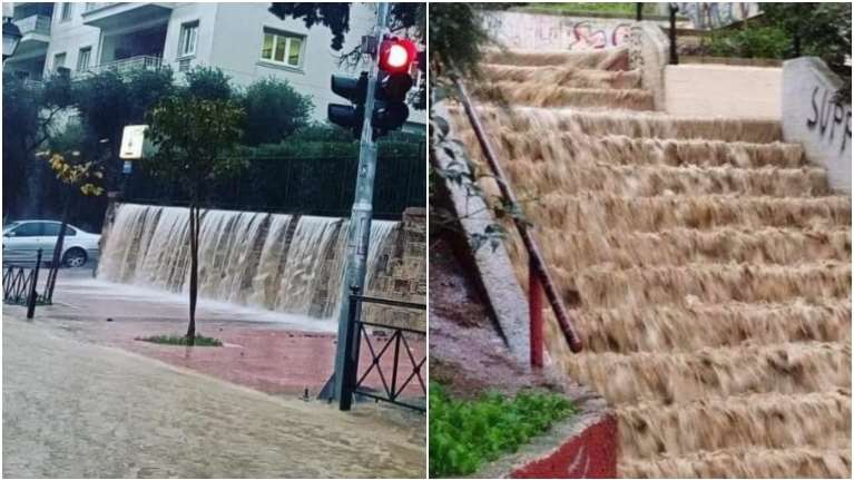 "Καταρράκτες" σε Βασιλίσσης Σοφίας και Λόφο Στρέφη από τη νεροποντή - Δείτε τις εικόνες