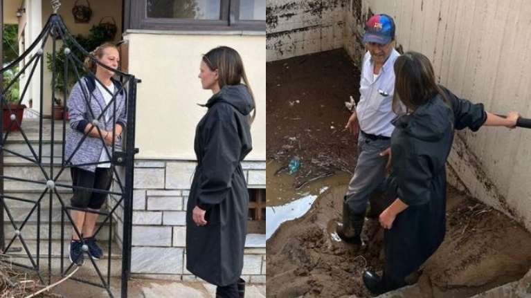 Κακοκαιρία Daniel: Η Έφη Αχτσιόγλου στον Βόλο με γαλότσες και αδιάβροχο - &quot;Δεν υπήρχαν στοιχειώδη αντιπλημμυρικά έργα&quot;