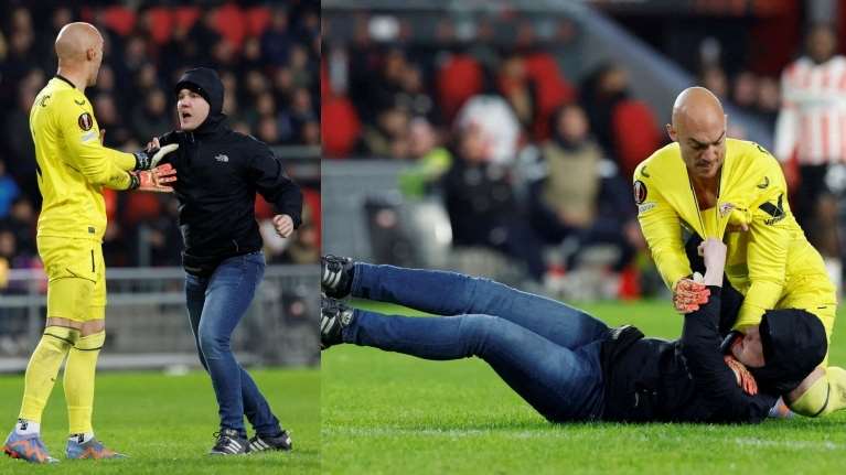 Απίστευτο: Εισέβαλλε στο γήπεδο οπαδός της Αϊντχόφεν και "πλακώθηκε" με τον τερματοφύλακα της Σεβίλλης [Εικόνες]