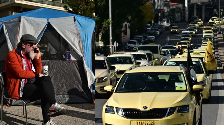 Ταξί: Στο υπουργείο Μεταφορών οι αυτοκινητιστές - Καπνογόνα και αντίσκηνα [βίντεο]
