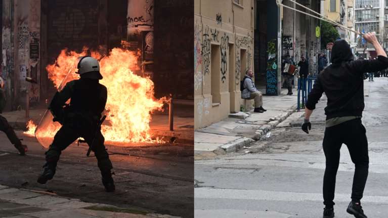 Επεισόδια στο κέντρο της Αθήνας: &quot;Βροχή&quot; μολότοφ σε Σύνταγμα, Ομόνοια και Εξάρχεια - &quot;Κλεφτοπόλεμος&quot; κουκουλοφόρων με ΜΑΤ