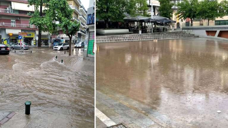Κοζάνη: Σφοδρή καταιγίδα πλημμύρισε την πόλη - Έγινε &quot;πισίνα&quot; η κεντρική πλατεία