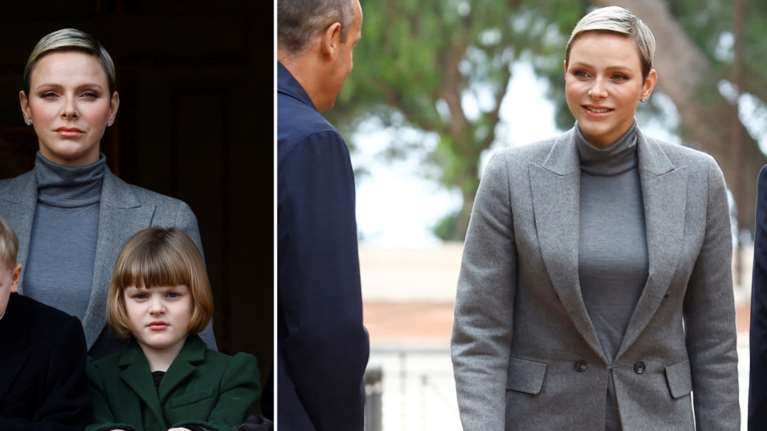 Μοντέρνα πριγκίπισσα: Η smart chic εμφάνιση της πανύψηλης Σαρλίν με total grey και μεγάλη αυτοπεποίθηση