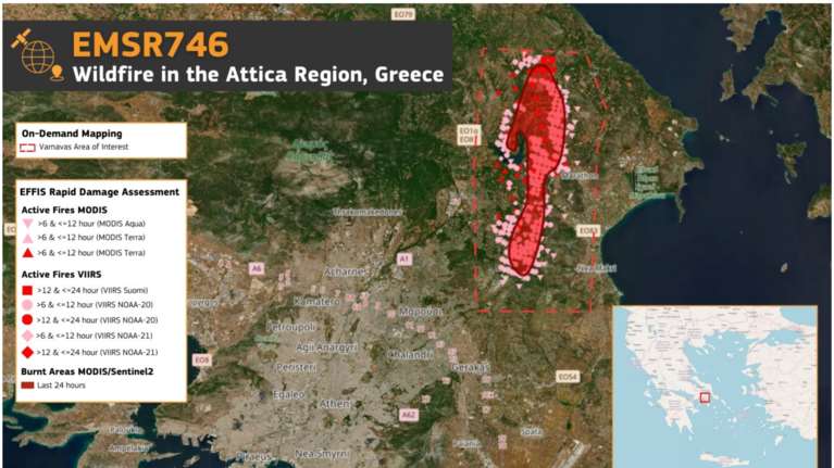 Φωτιά στην Αττική: Δορυφόρος του Copernicus καταγράφει την τεράστια έκταση της Wildfire