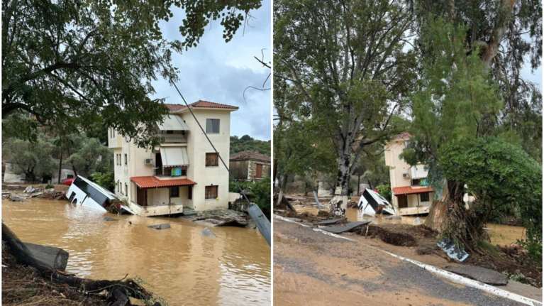 Κακοκαιρία Daniel: Γερμένη πολυκατοικία στηρίζεται σε λεωφορείο που παρασύρθηκε από ορμητικά νερά και σφηνώθηκε από κάτω