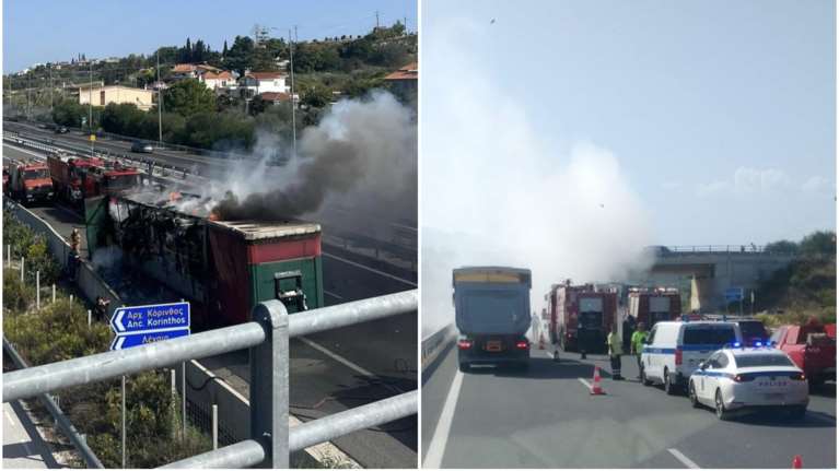 Κόρινθος: Φορτηγό έπιασε φωτιά εν κινήσει - Έκλεισε προσωρινά η εθνική οδός Αθηνών-Πατρών [εικόνες, βίντεο]